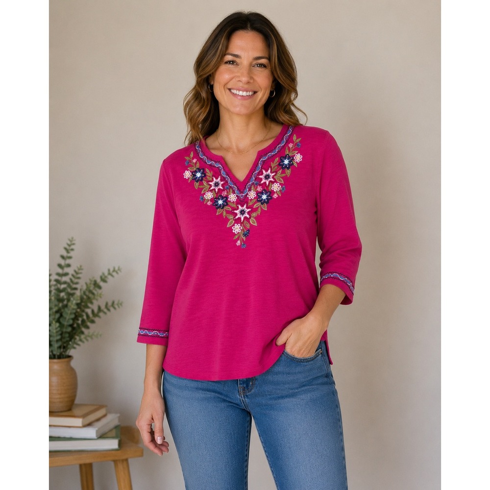 Alfred Dunner Slub Knit‎ Top Women PL Pink Floral Embroidered V-Neck 3/4 Sleeve